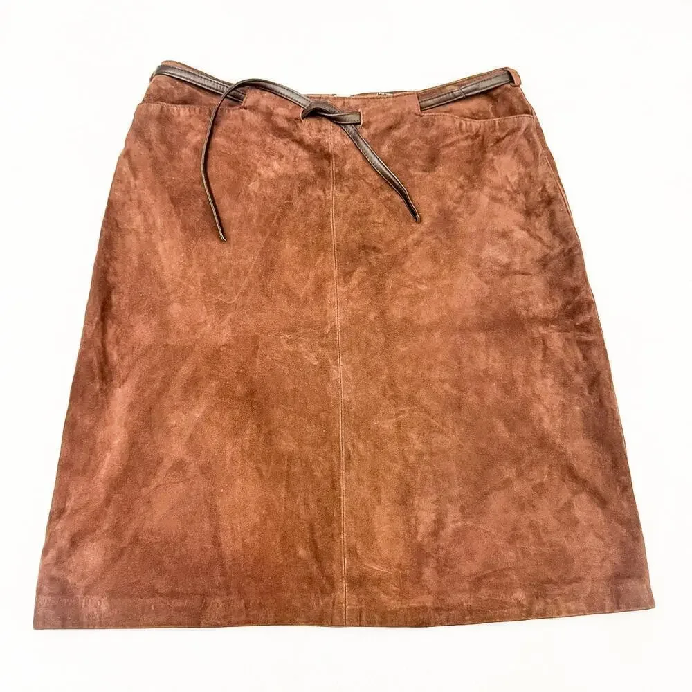INC Suede Belted Leather Chocolate Brown Pencil Skirt Size 8